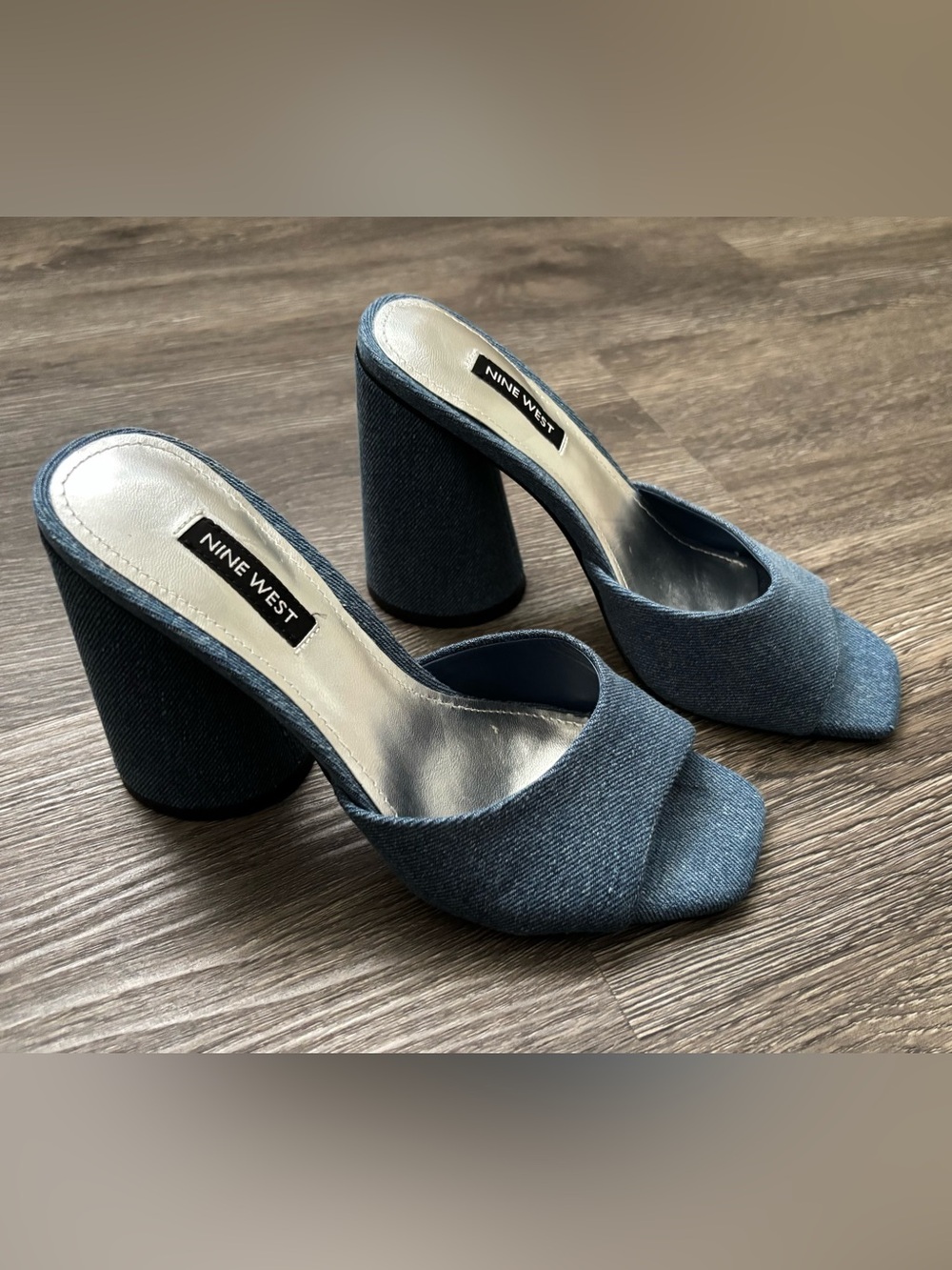 Nine West Denim Open-Toe Block Heel Mules - Blue